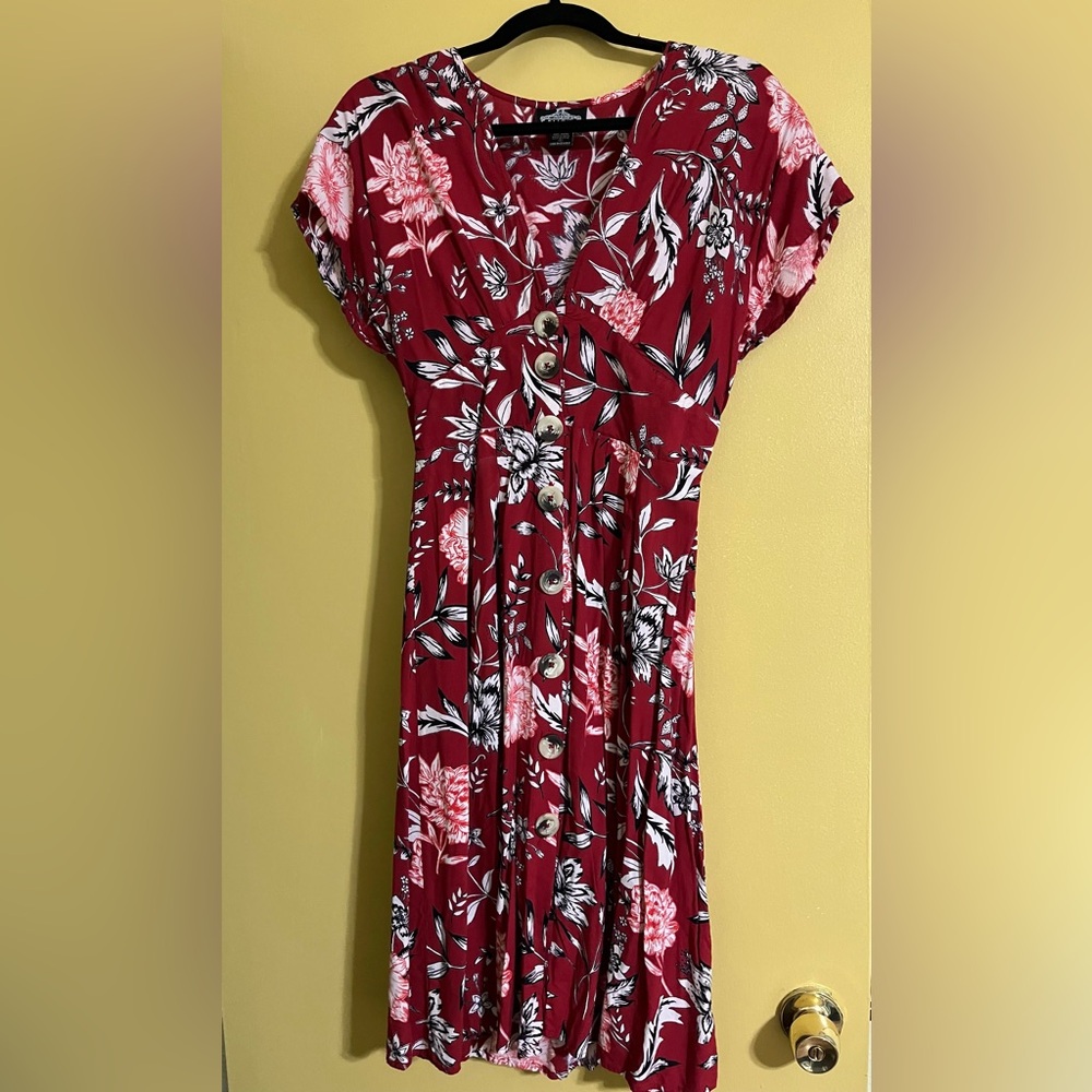 Angie Red Floral Button-Front Midi Dress